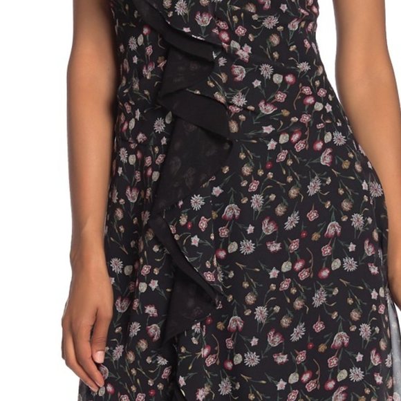 Sam Edelman Black Floral V-Neck Ruffled Midi Dress Size 4 - Picture 3 of 16